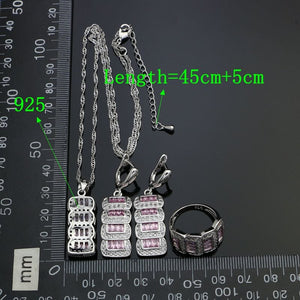 925 Silver Party Jewelry Sets For Women White Crystal Pink Cubic zirconia Drop Earrings/Pendant/Necklace/Ring/Bracelet Set