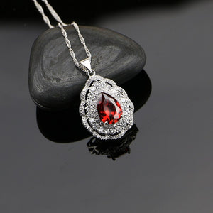 Fashion Women Sterling Silver 925 Jewelery Red Garnet Cubic Zirconia Crystal Earrings/Pendant/Necklace/Ring Jewelry Sets