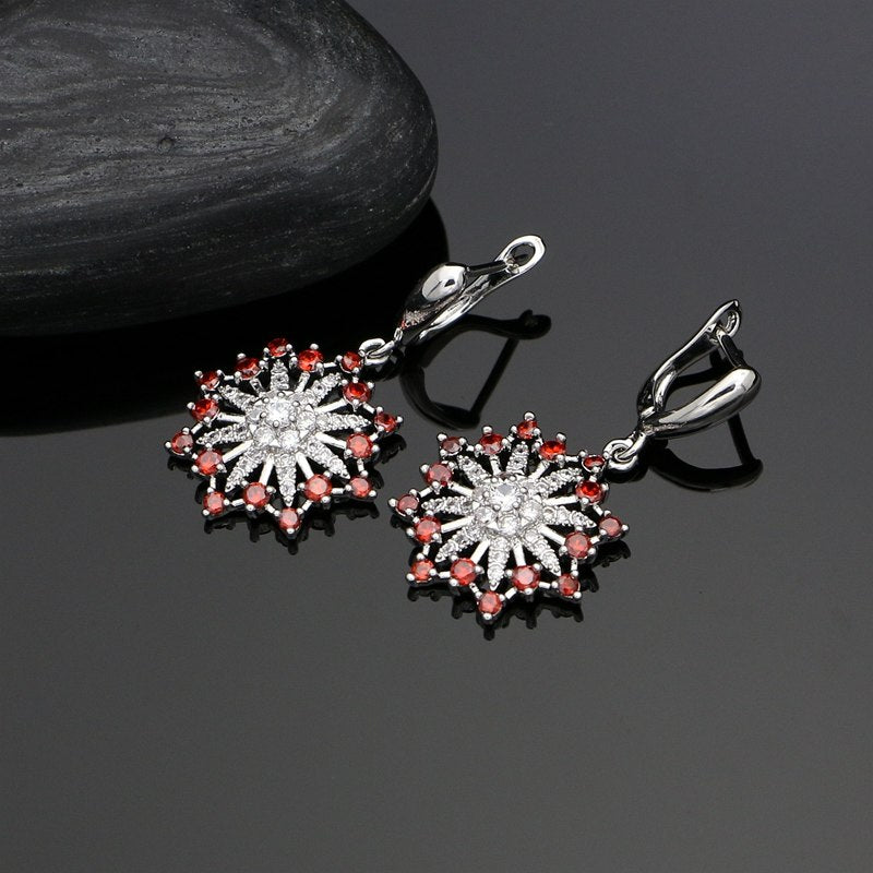 Flower Silver 925 Bridal Jewelry Sets Red Cubic Zirconia Beads Decoration For Women Party Earrings Necklace Set 4PCS