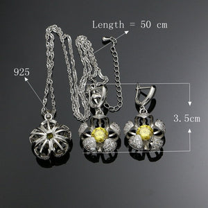 Flower Silver 925 Jewelry Light Yellow Cubic Zirconia White Crystal Beads Jewelry Sets Earrings/Pendant/Ring/Necklace Set