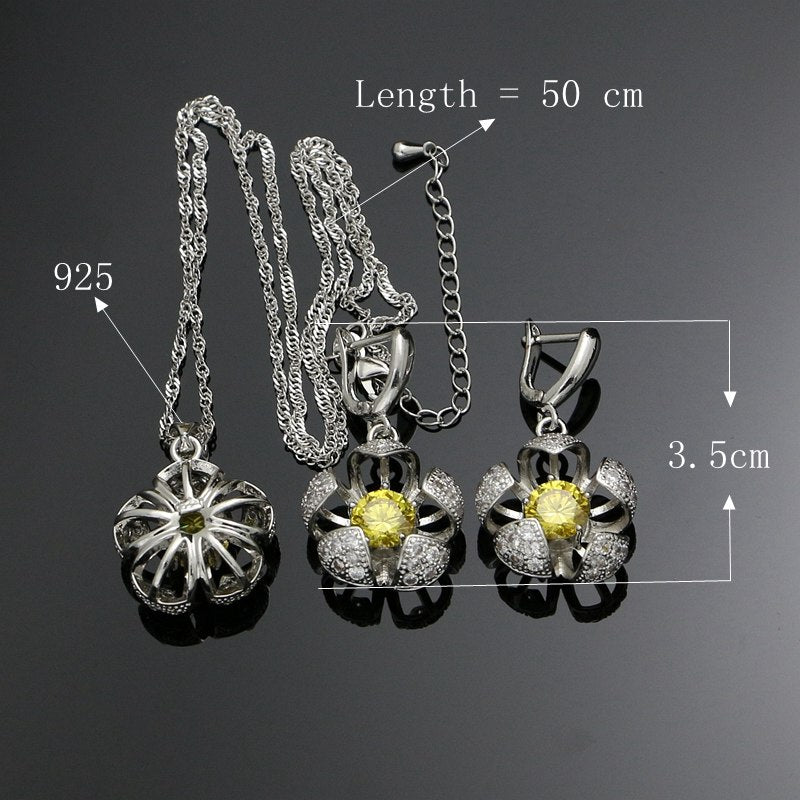 Flower Silver 925 Jewelry Light Yellow Cubic Zirconia White Crystal Beads Jewelry Sets Earrings/Pendant/Ring/Necklace Set