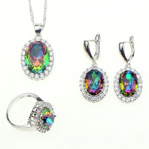 925 Sterling Silver Jewelery Mystic Rainbow Fire Cubic Zirconia Wedding Jewelry Sets For Women Earrings/Pendant/Ring/Necklace 