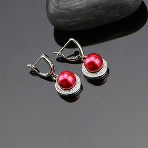 925 Sterling Silver Jewelry Sets Red Simulated Pearls With White Beads Women Wedding Earrings/Pendant/Ring/Necklace Set