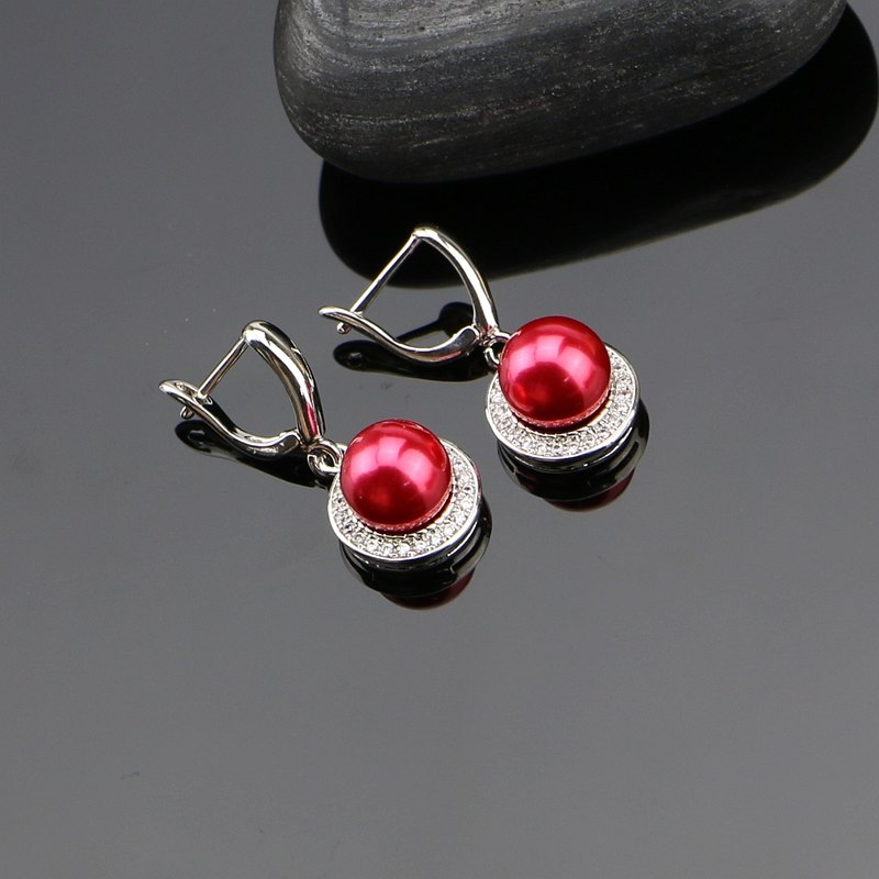 925 Sterling Silver Jewelry Sets Red Simulated Pearls With White Beads Women Wedding Earrings/Pendant/Ring/Necklace Set