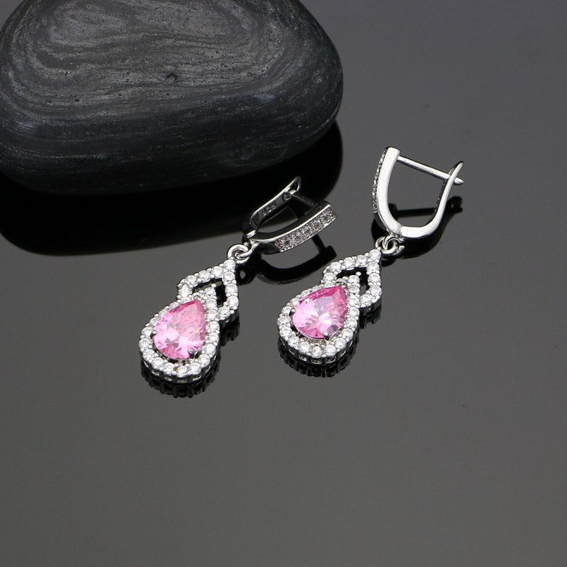 925 Silver Bridal Jewelry Sets Princes Pink CZ Decoration Women Wedding Drop Earrings Open Ring/Bracelet/Pendant/Necklace Set