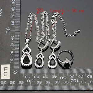 925 Silver Bridal Jewelry Sets Black Cubic Zirconia White Crystal Jewelry For Women Water Drop Earrings Open Ring Necklace Set 