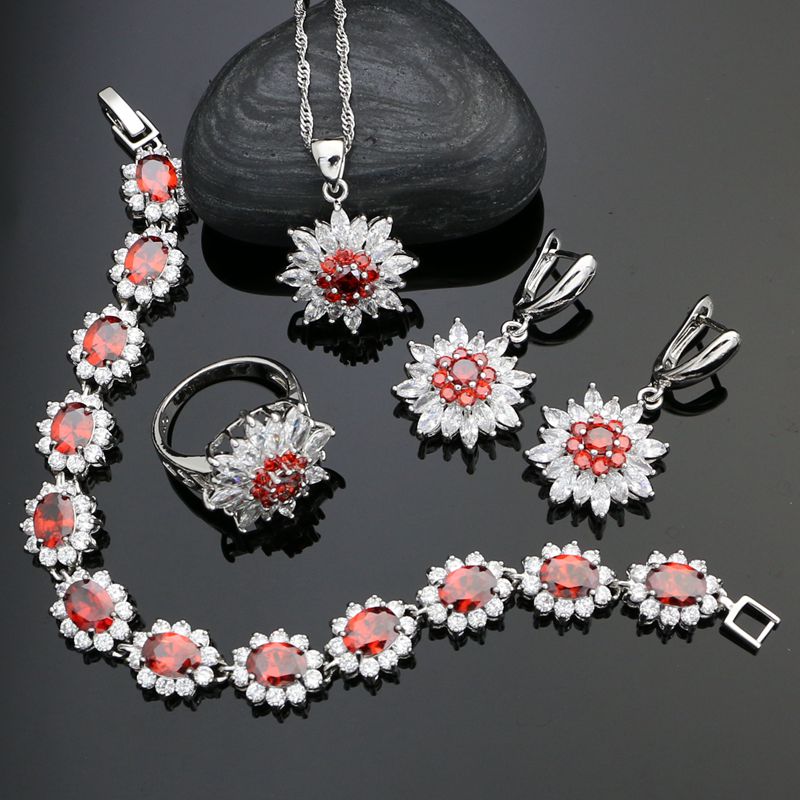 Flower Shaped 925 Sterling Silver Bridal Jewelry Sets For Women Red And White Crystal Earrings/Pendant/Necklace/Ring/Bracelet 