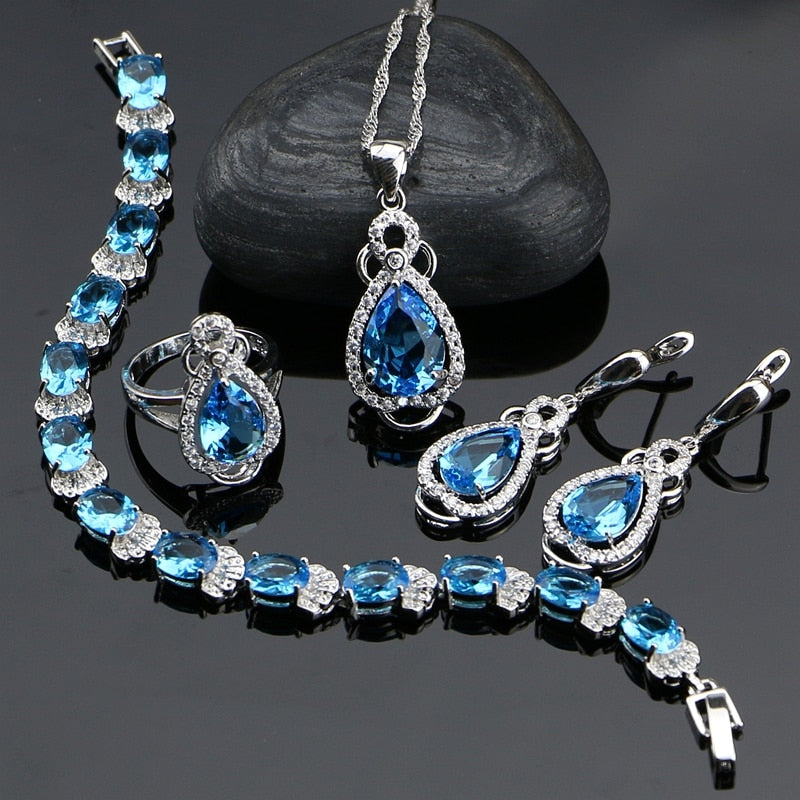 925 Silver Bridal Jewelry Sets For Women Wedding Decoration Sky Blue Cubic zirconia Earrings/Rings/Bracelet/Pendant/Necklace Set