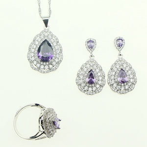 Fashion Women 925 Sterling Silver Jewelery Purple Cubic Zirconia Crystal Earrings/Pendant/Necklace/Ring Jewelry Sets