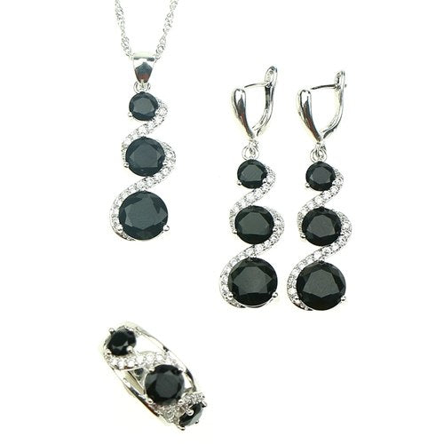 925 Sterling Silver Round Black Stone Created Jewelry Sets For Women Wedding Ring/Bracelet/Necklace /Earrings/Bracelet Free Box