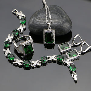  925 Sterling Silver Jewelry Sets Green Cubic Zirconia White Crystal For Women Earrings/Ring/Bracelet/Pendant/Necklace