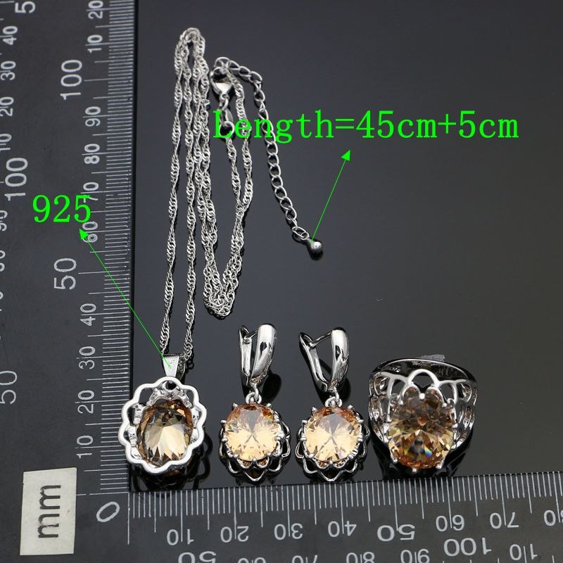 925 Sterling Silver Party Jewelry Sets Champagne Cubic Zirconia For Women Decoration Earrings Ring Necklace Pendant 