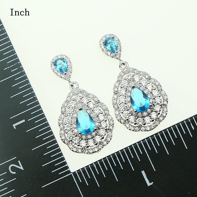 Fashion Women 925 Sterling Silver Jewelery Sky Blue Cubic Zirconia Crystal Earrings/Pendant/Necklace/Ring/Bracelet Jewelry Sets 