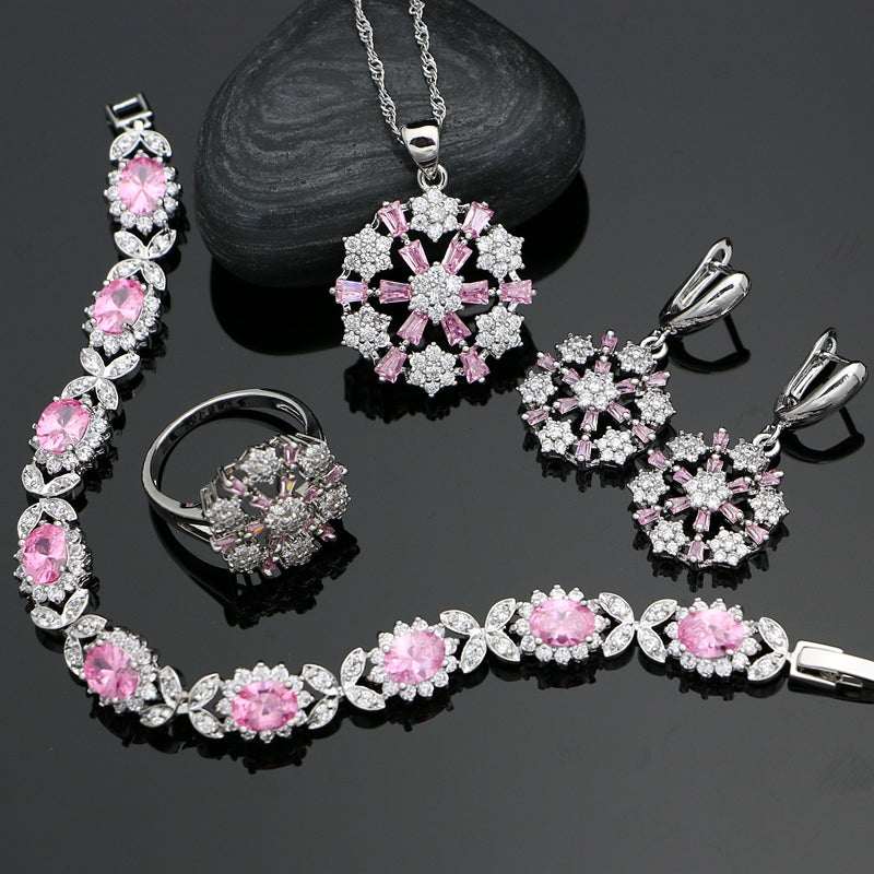 Flower 925 Silver Bridal Jewelry Sets For Women Wedding Decoration Pink CZ White Crystal Earrings/Ring/Bracelet/Pendant/Necklace