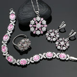 Flower 925 Silver Bridal Jewelry Sets For Women Wedding Decoration Pink CZ White Crystal Earrings/Ring/Bracelet/Pendant/Necklace