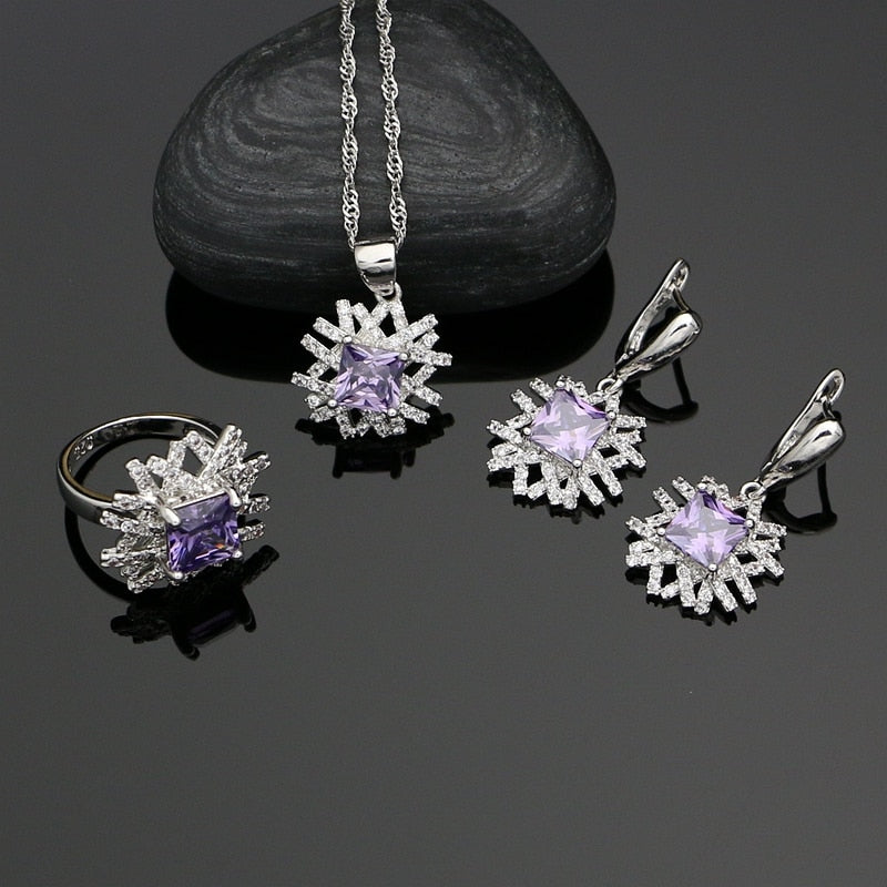 Strange 925 Silver Jewelry Sets Natural Purple Cubic Zirconia Decoration For Women Earrings/Pendant/Rings/Necklace Set