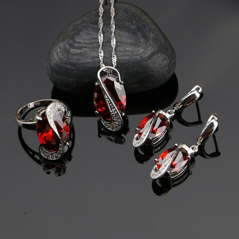 925 Sterling Silver Jewelry Sets Red Cubic Zirconia With White Beads For Women Weeding Earrings/Pendant/Necklace/Ring