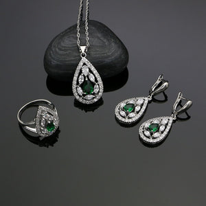 925 Silver Jewelry Sets Green Cubic Zirconia White Crystal Jewelery Earrings/Pendant/Necklace/Ring For Women 