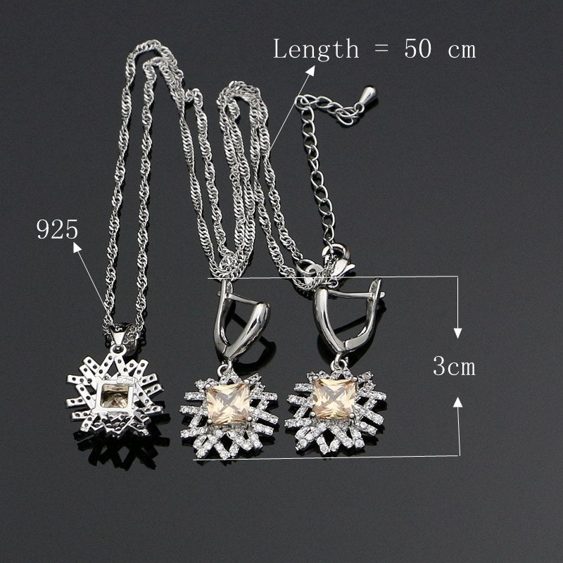 Silver 925 Jewelry Champagne Cubic Zirconia Beads Jewelry Sets For Women Engagement Earrings/Rings/Pendant/Necklace Set