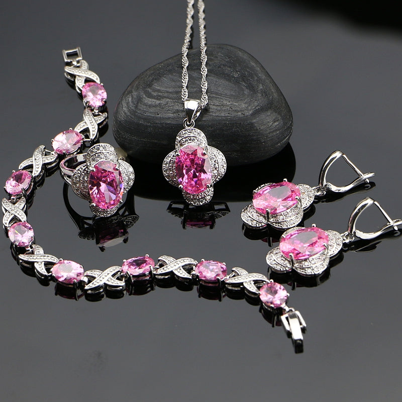 Pink Zircon Stone Anniversary 925 Sterling Silver Jewelry Sets For Women Earrings/Rings/Bracelet/Pendant/Necklace Set