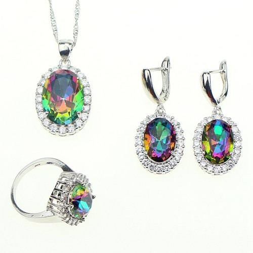 Women Wedding Oval Mystic Rainbow Fire Zircon 925 Sterling Silver Jewelry Set Pendant/Necklace/Ring/Earrings/Bracelet Free Box