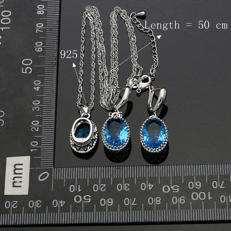 Oval Natural Sky Blue Zircon 925 Sterling Silver Jewelry Sets For Women Wedding Earrings/Rings/Bracelet/Necklace Set