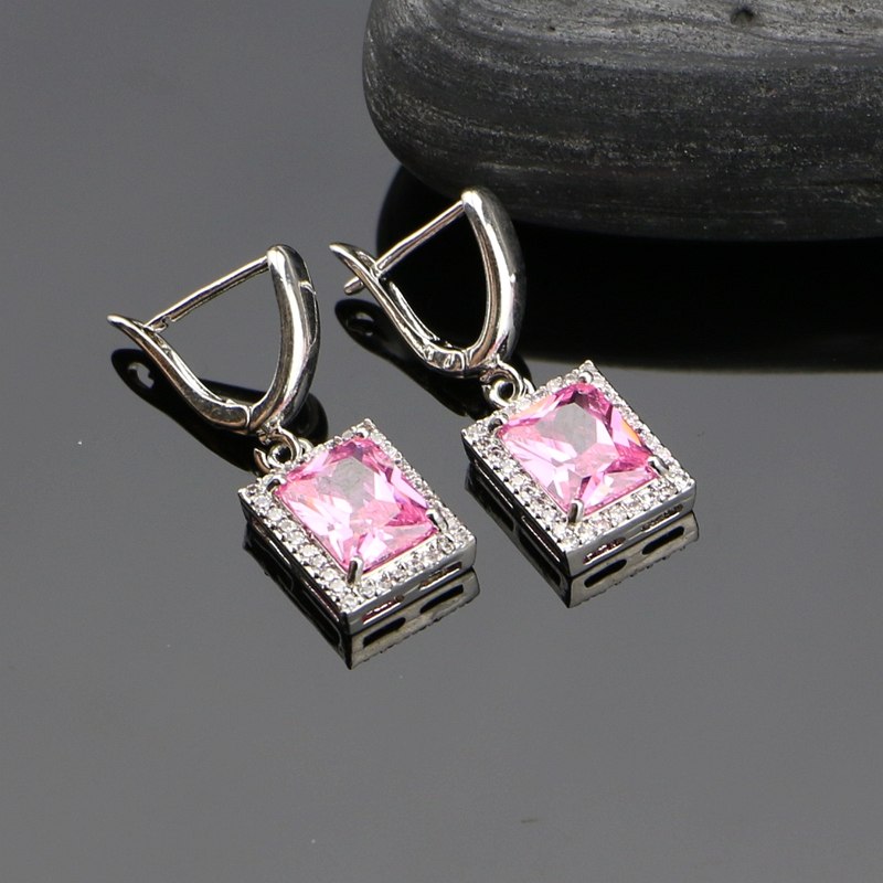 Pink Cubic Zirconia White CZ Beads 925 Sterling Silver Jewelry Sets For Women Earrings/Rings/Bracelet/Pendant/Necklace Set