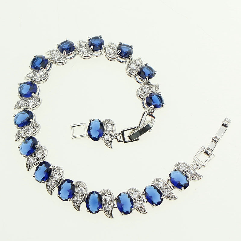 Bridal Classic Blue Stone White Zircon Created Silver 18/21cm Bracelets For Women 925 Sterling Silver Jewelry Free Box 