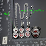 925 Sterling Silver Bridal Jewelry Sets For Women Heart Shaped Red Stone White Crystal Earrings/Rings/Pendant/Necklace Set