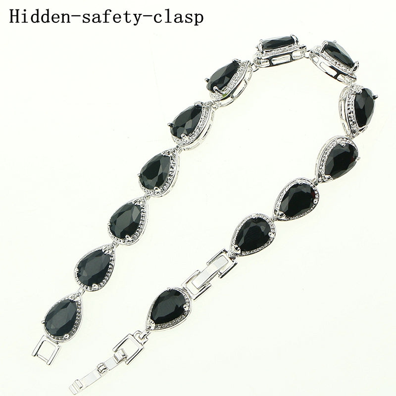 Water Drop Black Stone White Zircon Created 925 Sterling Silver Jewelry Link Chain 18 21cm Bracelet For Women Jewelry Free Box