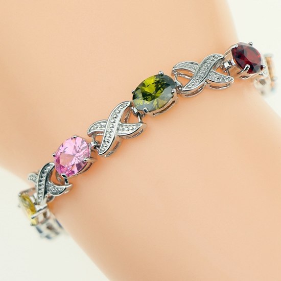 Multicolor Multigem Cubic Zirconia jewelry 925 Sterling Silver Jewelry Link Chain Bracelet Length 18.5cm Free Gift Box