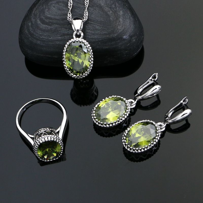 Vintage 925 Sterling Silver Jewelry Sets For Women Olive Green Cubic Zirconia Earrings Ring Necklace Pendant Set