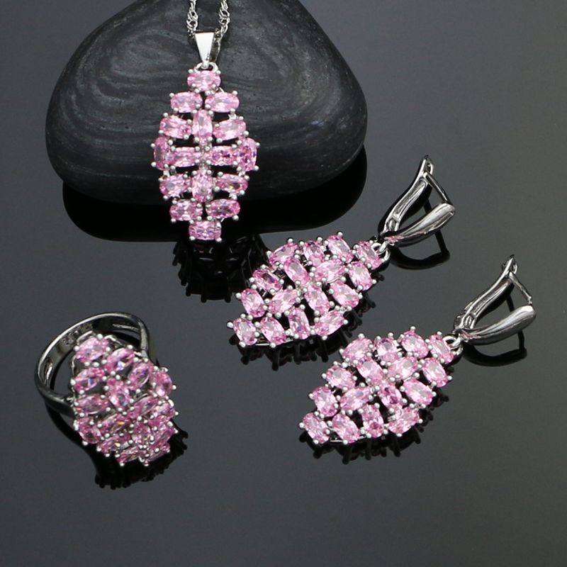 925 Sterling Silver Wedding Jewelry Sets For Women Bridal Accessories Pink Cubic Zirconia Earrings/Rings/Pendant/Necklace Set