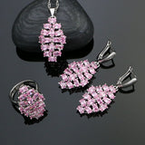 925 Sterling Silver Wedding Jewelry Sets For Women Bridal Accessories Pink Cubic Zirconia Earrings/Rings/Pendant/Necklace Set