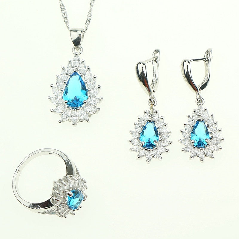 Sky Blue Cubic Zirconia White Crystal Jewelery 925 Sterling Silver Jewelry Sets Women Wedding Necklace/Earrings/Ring/Pendant 