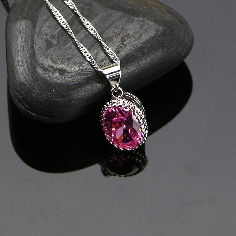 Oval Pink Crystal Zircon Wedding 925 Sterling Silver Jewelry Sets For Women Earrings/Rings/Bracelet/Necklace/Pendant Free Box