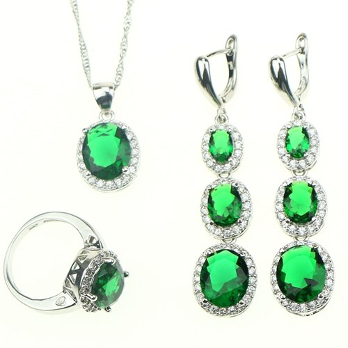 Women 925 Sterling Silver Jewelry Sets Top Quality Green Cubic Zirconia White Crystal Jewelery Earrings/Pendant/Necklace/Ring