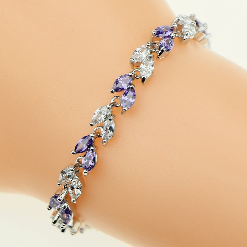 Alluring 925 Sterling Silver Jewelry Purple Natural Crystal White Zircon Created Chain Link Bracelet For Women Free Gift Box