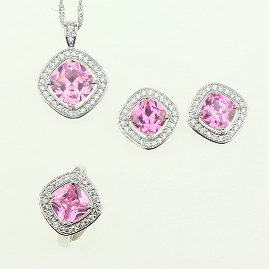 Fashion Pink Cubic Zirconia Crystal Jewelry Set For Women Sterling Silver 925 Zircon Necklace/Earring/Rings Wedding Party Gift