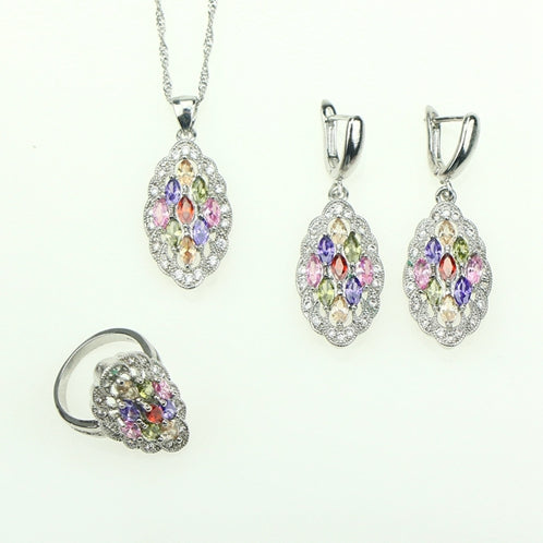 Colorful Multicolor Cubic Zirconia Crystal Jewelery 925 Sterling Silver Jewelry Sets Earrings/Pendant/Necklace/Ring For Women