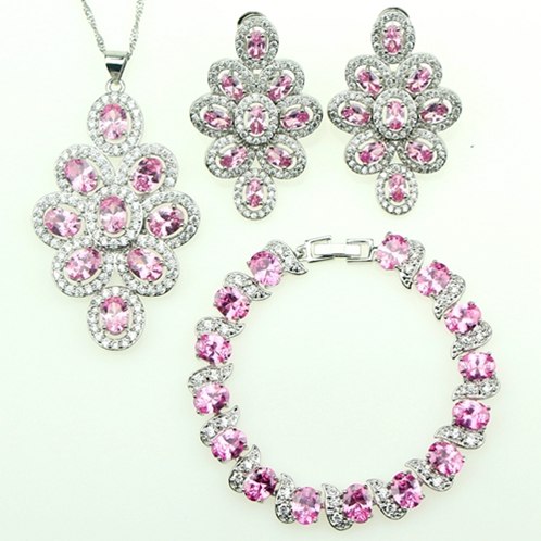 Pink Cubic Zirconia Jewelry 925 Sterling Silver Jewelry Sets For Women Necklace/Earrings/Pendant/Bracelet