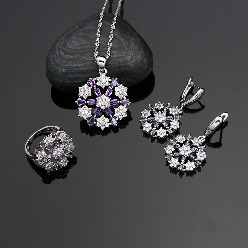 Silver 925 Jewelry Sets Natural Purple White Zircon Decoration For Women Earrings With Stone Pendant Rings Necklace Set