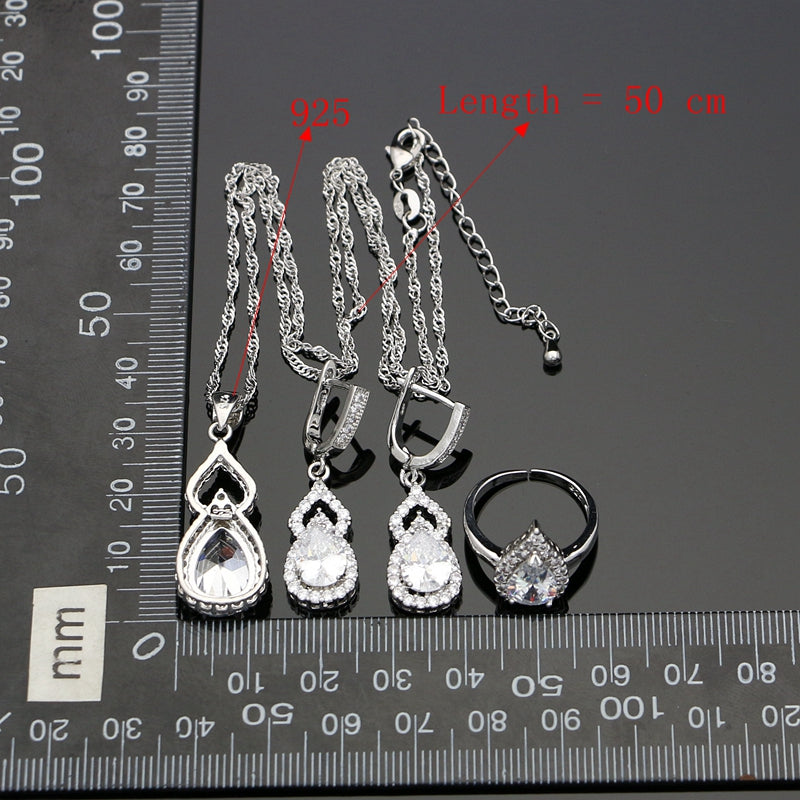 925 Silver Jewelry Sets Natural White Zircon Jewelry For Women Party Engagement Natural Water Drop Crystal Necklace Set