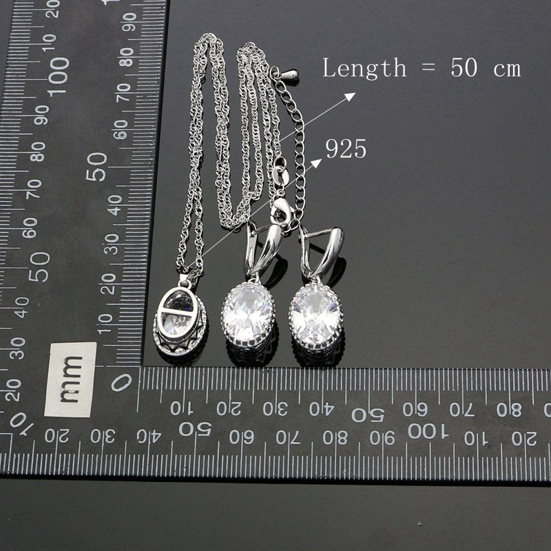 Silver 925 Jewelry Oval White Crystal Zircon Jewelry Sets For Women Ring/Pendant/Earrings/Necklace Set