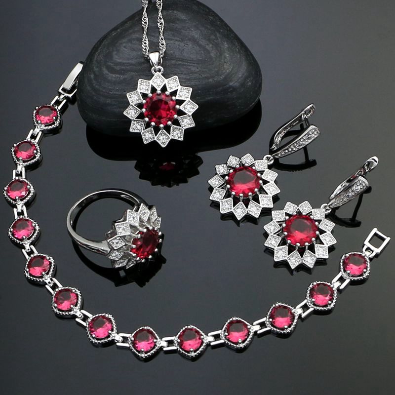 925 Silver Bridal Jewelry Sets For Women Rose Red Cubic Zirconia White Crystal Earrings/Pendant/Necklace/Ring/Bracelet