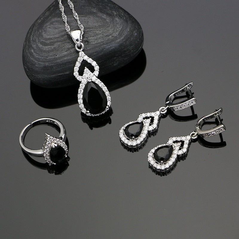 Silver 925 Jewelry Black CZ White Crystal Jewelry Sets For Women Party Earrings With Stone Pendant Open Rings Necklace Set