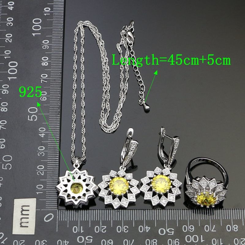 Flower 925 Sterling Silver Bridal Jewelry Sets For Women Yellow Cubic zirconia White Crystal Earrings Pendant Ring Necklace