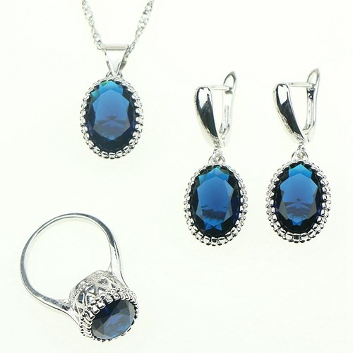 Oval Blue Cubic Zirconia Jewelery 925 Silver Jewelry Sets For Women Wedding Earrings/Rings/Necklace/Pendant Free Box