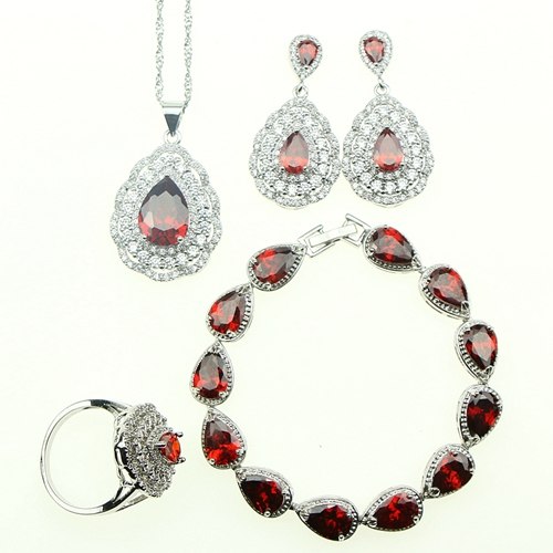 Women 925 Sterling Silver Jewelery Red Cubic Zirconia White Beads Earrings/Pendant/Ring/Bracelet/Necklace Set