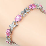 Bridal Captivating Pink Powder Crystal White Zircon Created 925 Sterling Silver Jewelry Link Chain Bracelet 18.5cm Free Gift Box